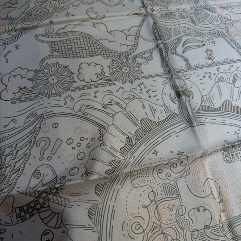 Hermes 白底灰綠邊Please hold the line方型絲巾H004187-2