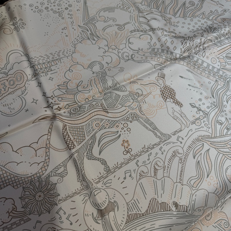 Hermes 白底灰綠邊Please hold the line方型絲巾H004187-7