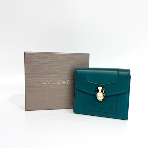 💚寶格麗BVLGARI祖母綠牛皮金釦蛇頭雙面三折短夾281382