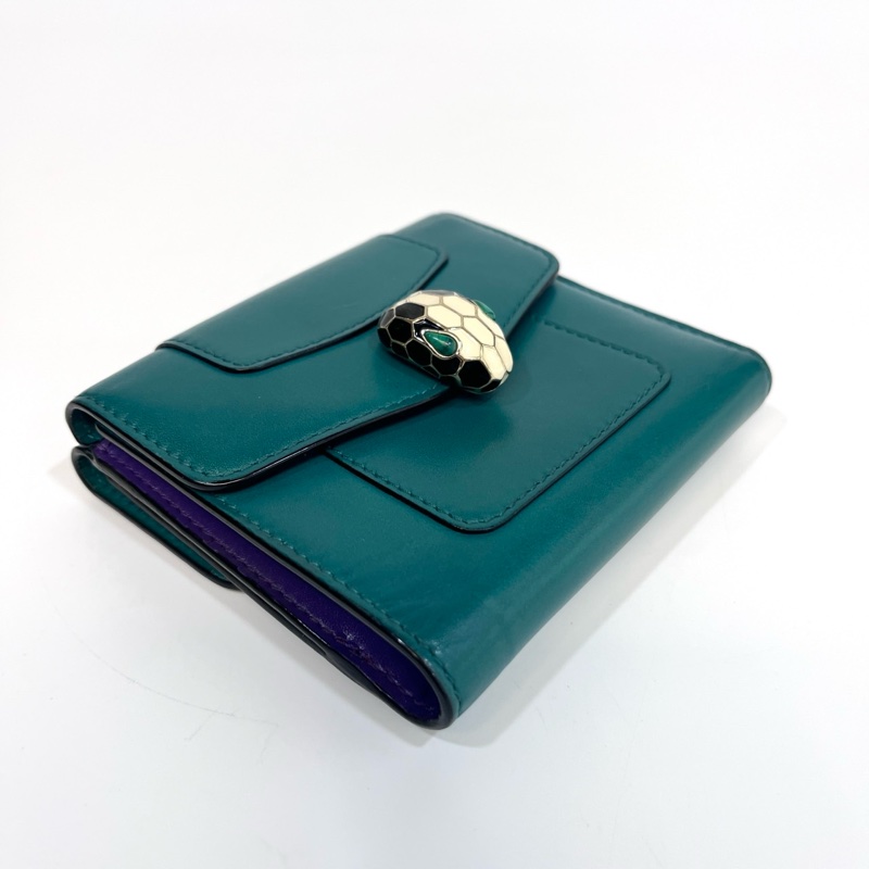💚寶格麗BVLGARI祖母綠牛皮金釦蛇頭雙面三折短夾281382-12