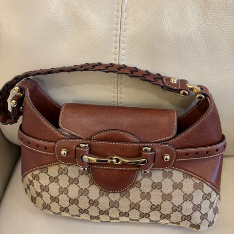 Gucci 137592 編織 米色咖啡色GG 帆布 Hobo 配馬銜扣復古 單肩包 手提包 二手精品