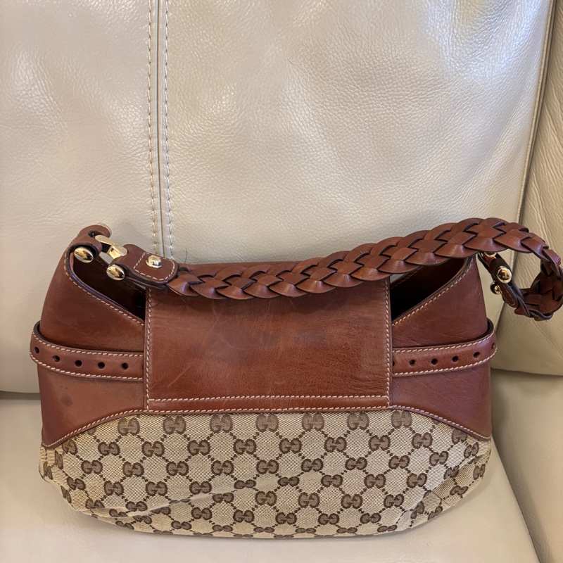 Gucci 137592 編織 米色咖啡色GG 帆布 Hobo 配馬銜扣復古 單肩包 手提包 二手精品-2