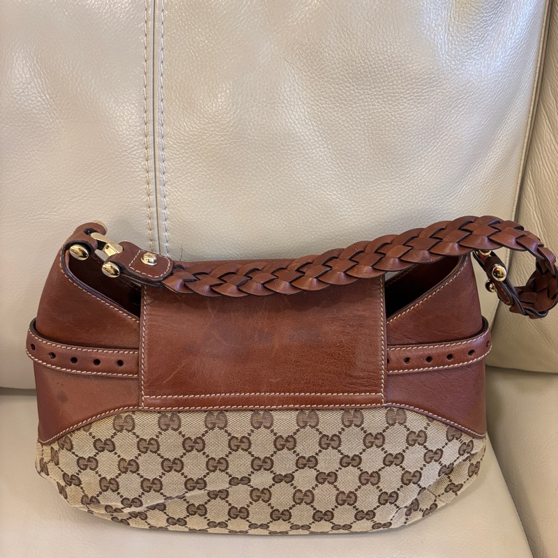 Gucci 137592 編織 米色咖啡色GG 帆布 Hobo 配馬銜扣復古 單肩包 手提包 二手精品-3