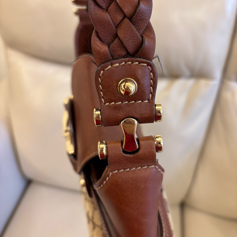 Gucci 137592 編織 米色咖啡色GG 帆布 Hobo 配馬銜扣復古 單肩包 手提包 二手精品-6