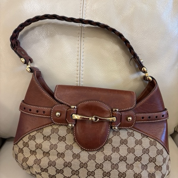 Gucci 137592 編織 米色咖啡色GG 帆布 Hobo 配馬銜扣復古 單肩包 手提包 二手精品-9