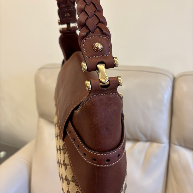 Gucci 137592 編織 米色咖啡色GG 帆布 Hobo 配馬銜扣復古 單肩包 手提包 二手精品-17