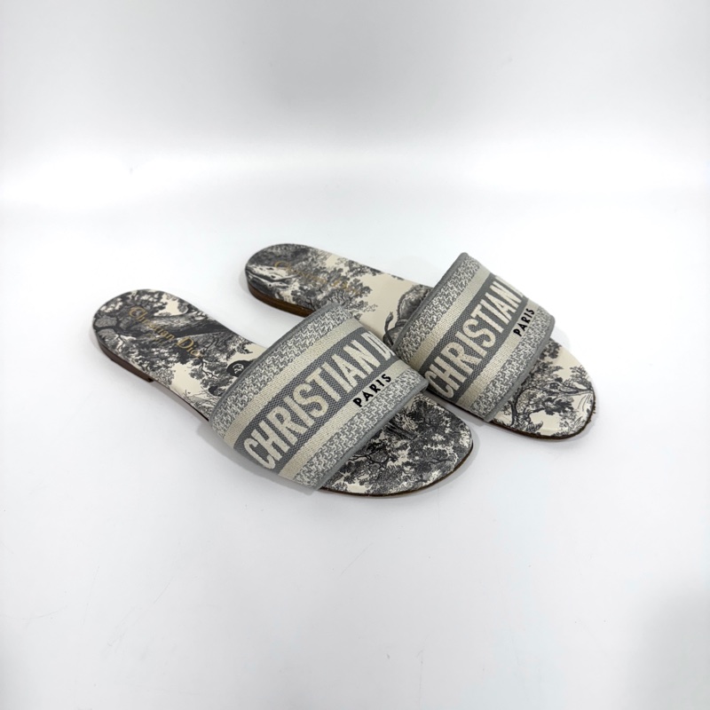 DIOR灰色刺繡帆布Toile de Jouy 法式印花圖騰涼鞋KCQ209-3