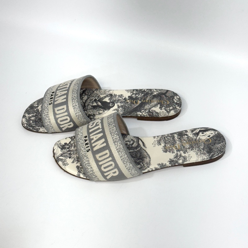 DIOR灰色刺繡帆布Toile de Jouy 法式印花圖騰涼鞋KCQ209-8