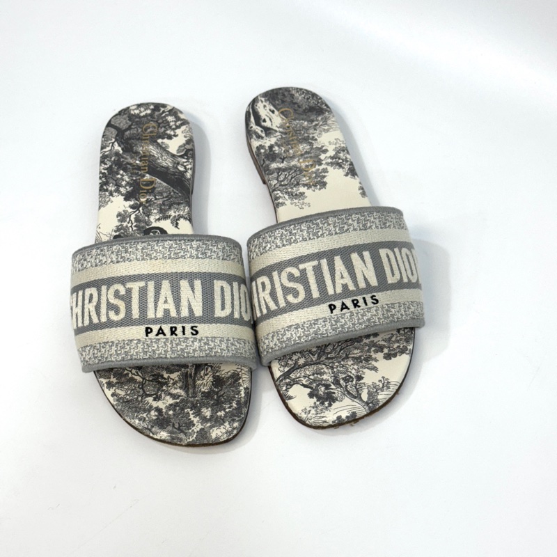 DIOR灰色刺繡帆布Toile de Jouy 法式印花圖騰涼鞋KCQ209-9
