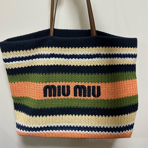 Miu miu TESSUTO 鉤針編織手袋竹編托特 tote bag 條紋編織手提袋 藍色與常春藤