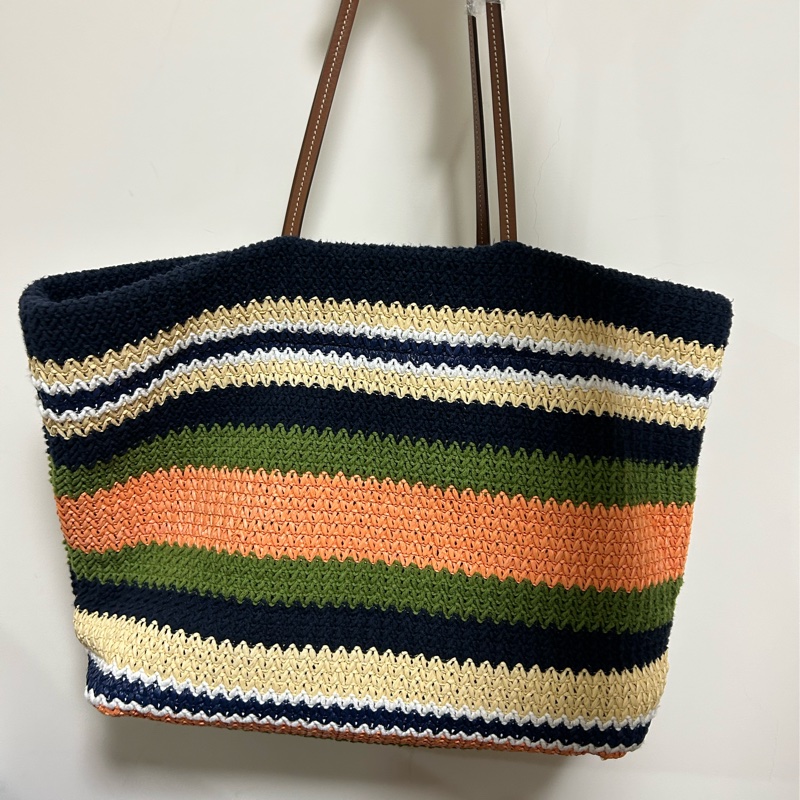 Miu miu TESSUTO 鉤針編織手袋竹編托特 tote bag 條紋編織手提袋 藍色與常春藤-1