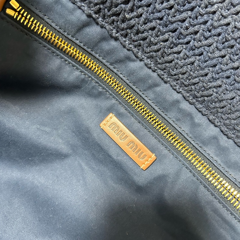 Miu miu TESSUTO 鉤針編織手袋竹編托特 tote bag 條紋編織手提袋 藍色與常春藤-2