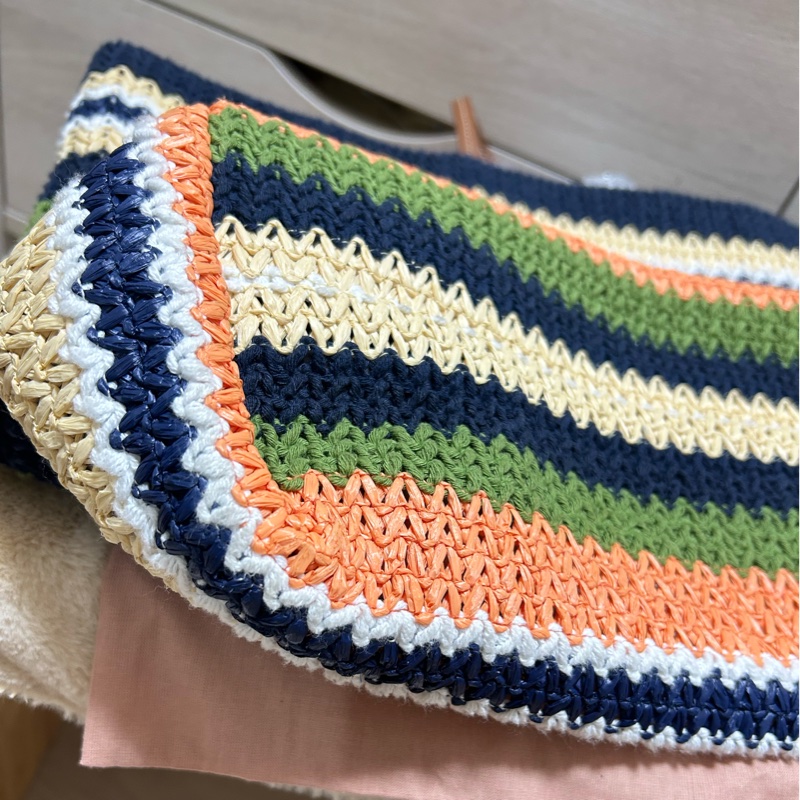 Miu miu TESSUTO 鉤針編織手袋竹編托特 tote bag 條紋編織手提袋 藍色與常春藤-9