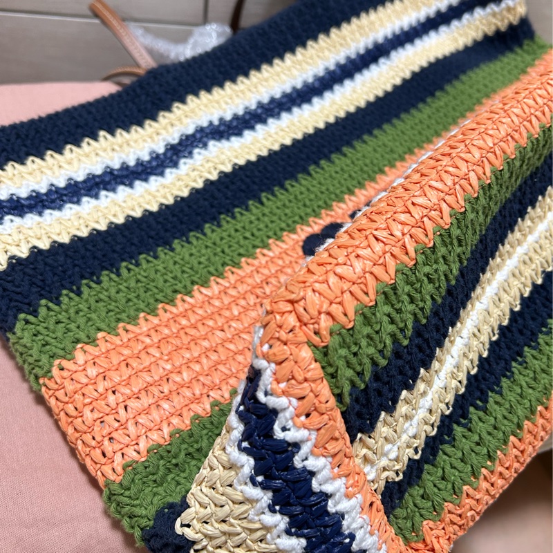 Miu miu TESSUTO 鉤針編織手袋竹編托特 tote bag 條紋編織手提袋 藍色與常春藤-10