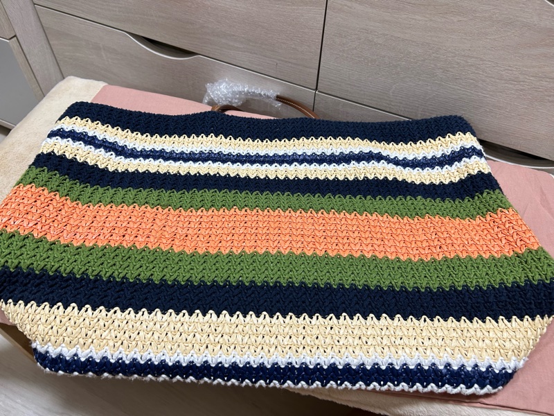 Miu miu TESSUTO 鉤針編織手袋竹編托特 tote bag 條紋編織手提袋 藍色與常春藤-11