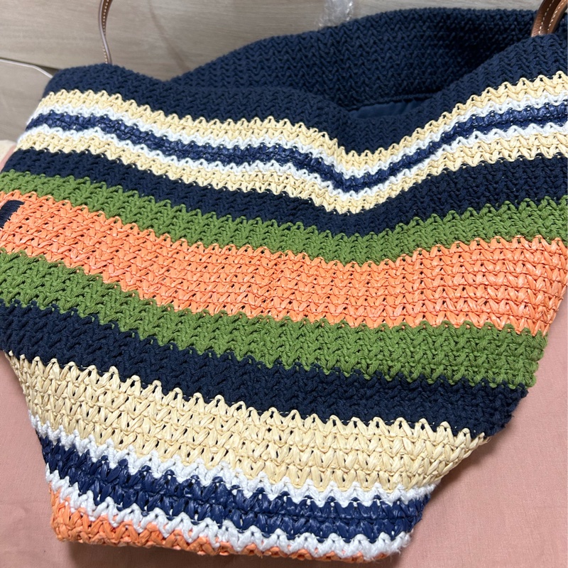 Miu miu TESSUTO 鉤針編織手袋竹編托特 tote bag 條紋編織手提袋 藍色與常春藤-12