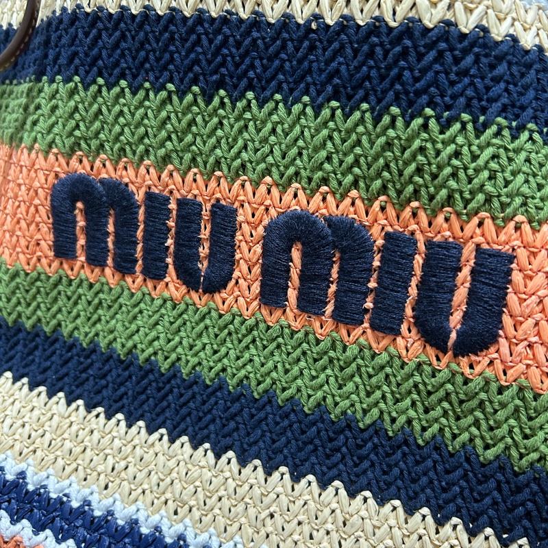 Miu miu TESSUTO 鉤針編織手袋竹編托特 tote bag 條紋編織手提袋 藍色與常春藤-14