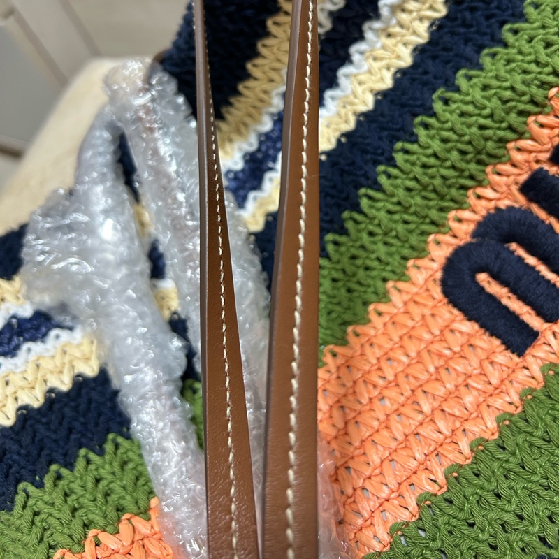 Miu miu TESSUTO 鉤針編織手袋竹編托特 tote bag 條紋編織手提袋 藍色與常春藤-15