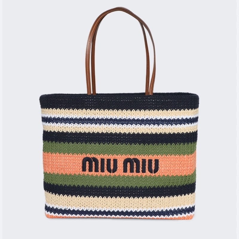 Miu miu TESSUTO 鉤針編織手袋竹編托特 tote bag 條紋編織手提袋 藍色與常春藤-16