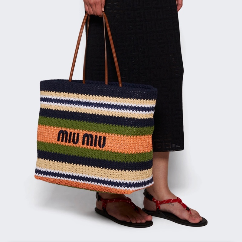 Miu miu TESSUTO 鉤針編織手袋竹編托特 tote bag 條紋編織手提袋 藍色與常春藤-17