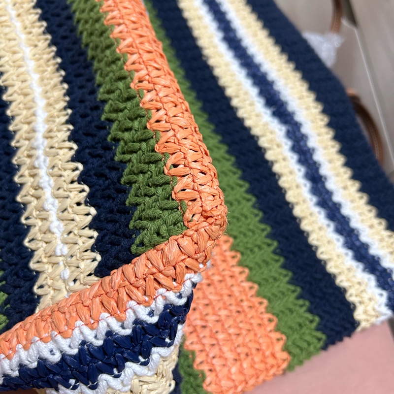 Miu miu TESSUTO 鉤針編織手袋竹編托特 tote bag 條紋編織手提袋 藍色與常春藤-20