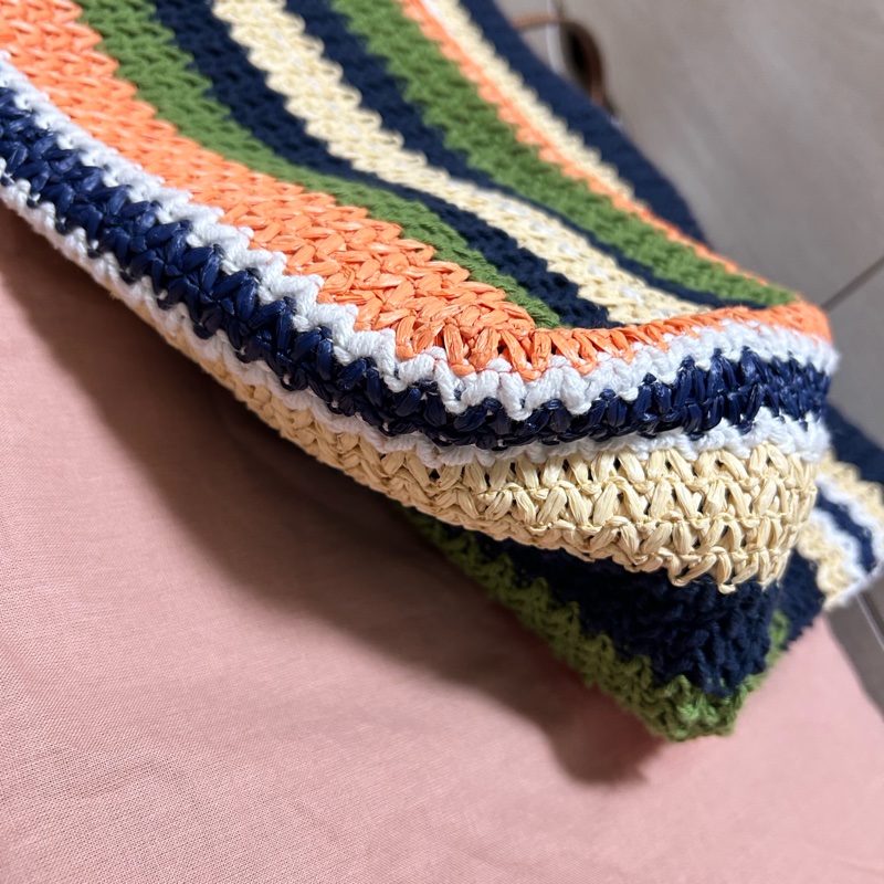 Miu miu TESSUTO 鉤針編織手袋竹編托特 tote bag 條紋編織手提袋 藍色與常春藤-21