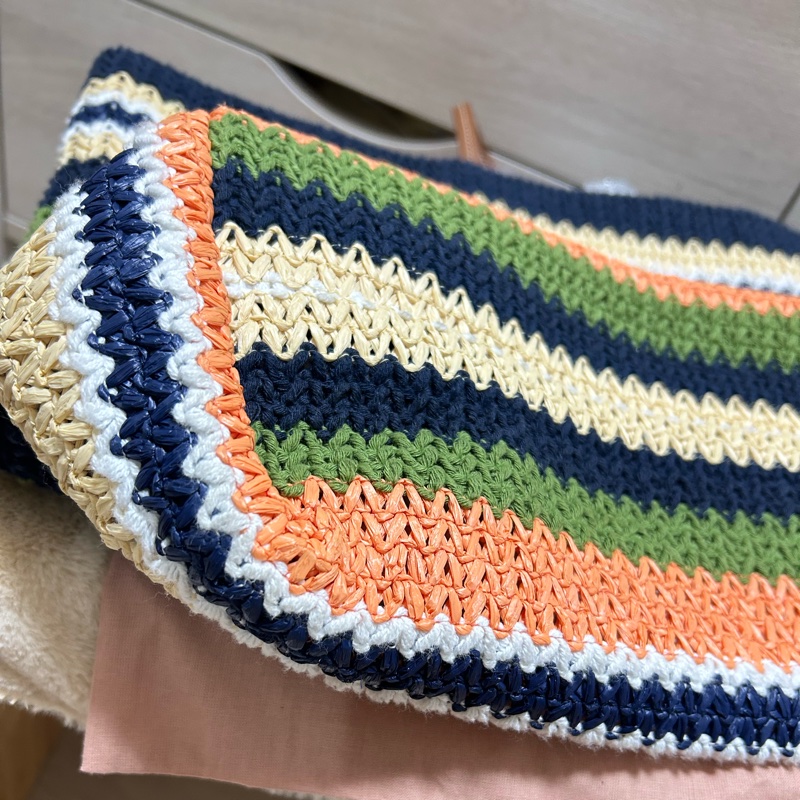 Miu miu TESSUTO 鉤針編織手袋竹編托特 tote bag 條紋編織手提袋 藍色與常春藤-22