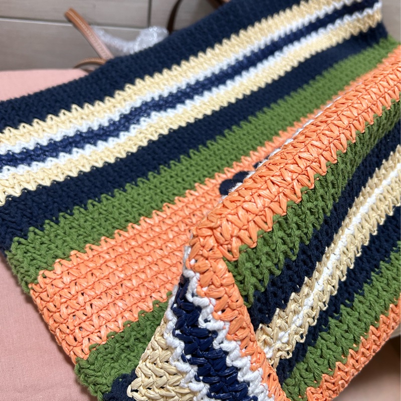 Miu miu TESSUTO 鉤針編織手袋竹編托特 tote bag 條紋編織手提袋 藍色與常春藤-23