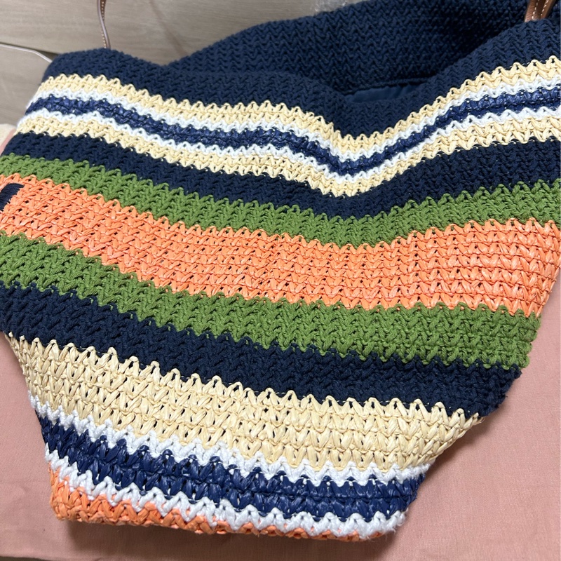 Miu miu TESSUTO 鉤針編織手袋竹編托特 tote bag 條紋編織手提袋 藍色與常春藤-25