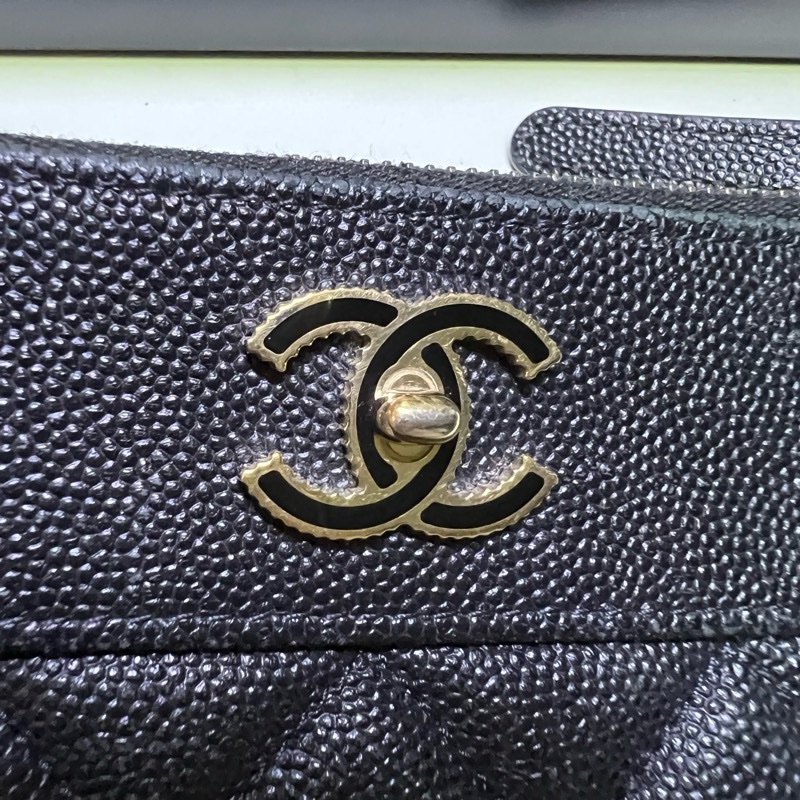 Chanel 香奈兒 黑金 黑色 魚子醬牛皮 一字拉鍊零錢包 萬用零錢包 全配-24