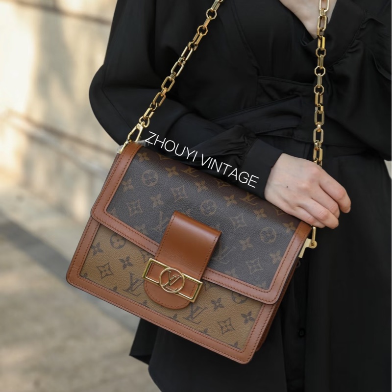 🥨路易威登中號達芙妮 LV原花雙色金釦達芙妮Dauphine MM側背鏈包M45958-2