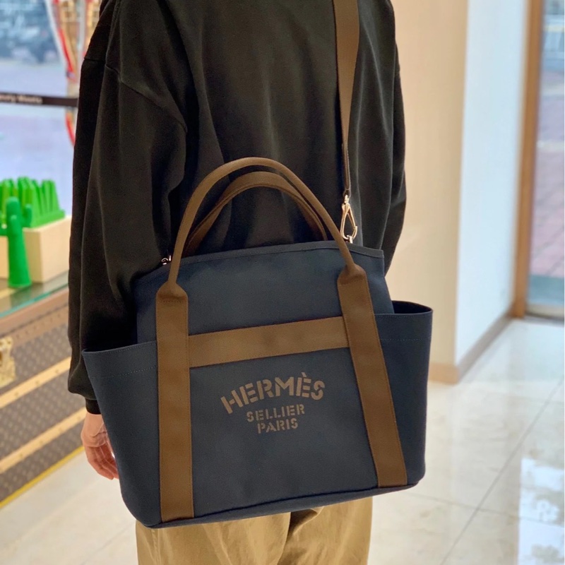 🤎愛馬仕馬術包HERMES海軍藍帆布THE Grooming火橘色內裡托特包H068312CKAB-0