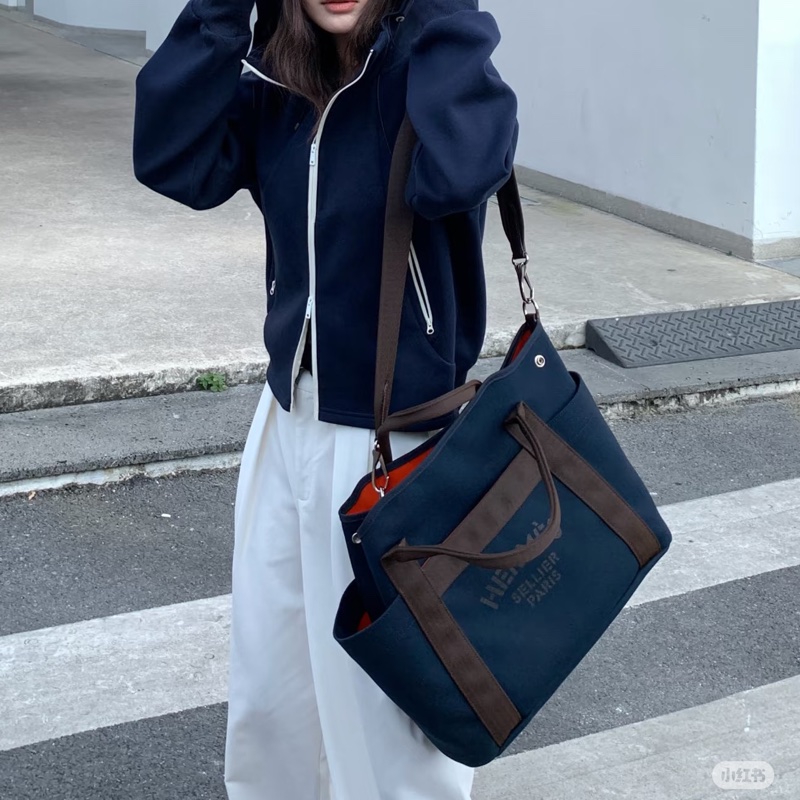 🤎愛馬仕馬術包HERMES海軍藍帆布THE Grooming火橘色內裡托特包H068312CKAB-2