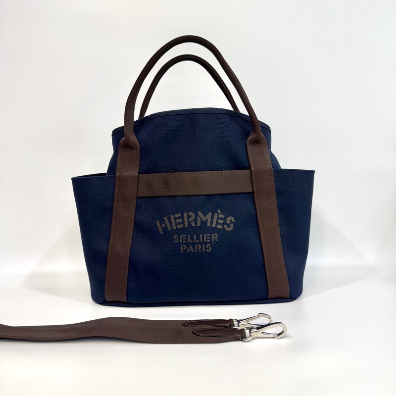 🤎愛馬仕馬術包HERMES海軍藍帆布THE Grooming火橘色內裡托特包H068312CKAB-4