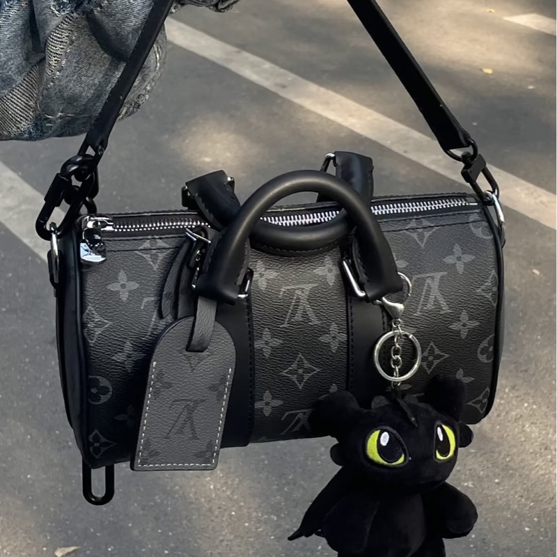🖤路易威登黑武士LV黑灰原花銀釦Keepall 25手提斜背包M46271-1