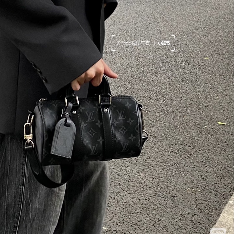 🖤路易威登黑武士LV黑灰原花銀釦Keepall 25手提斜背包M46271-2