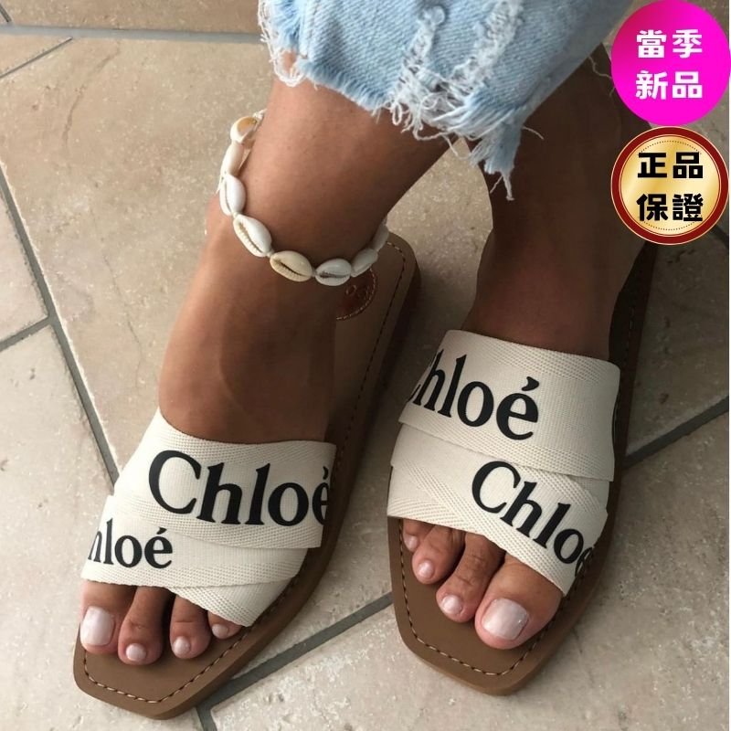 🎉2026新品好折扣✨Chloe 女款 Woody Logo 拖鞋 米白色和黑色 IT36/37/38/39/40-0