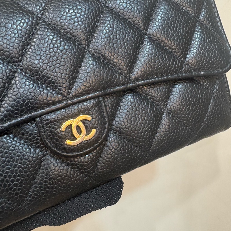 香奈兒 CHANEL CF信封長夾 黑金荔枝牛皮-1
