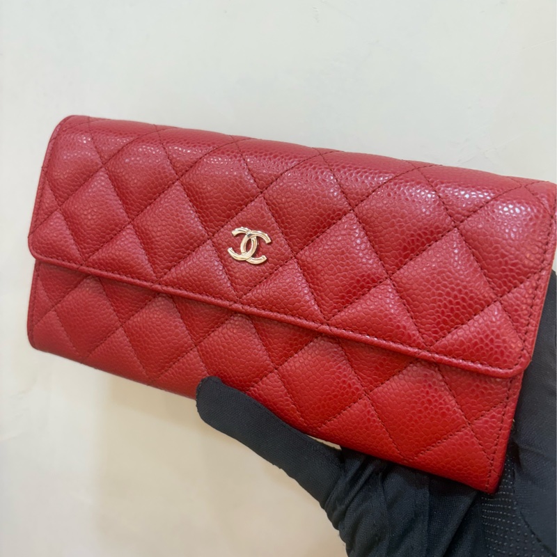 香奈兒 chanel 紅色荔枝扣式長夾-0