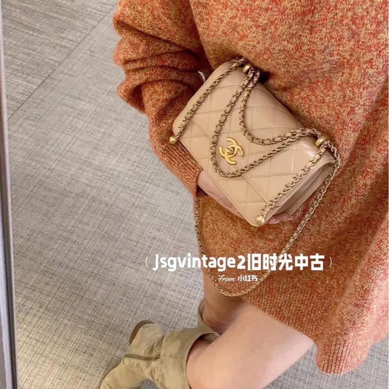 香奈兒 CHANEL 高級手工坊系列雙金珠19 奶茶色 金釦-1