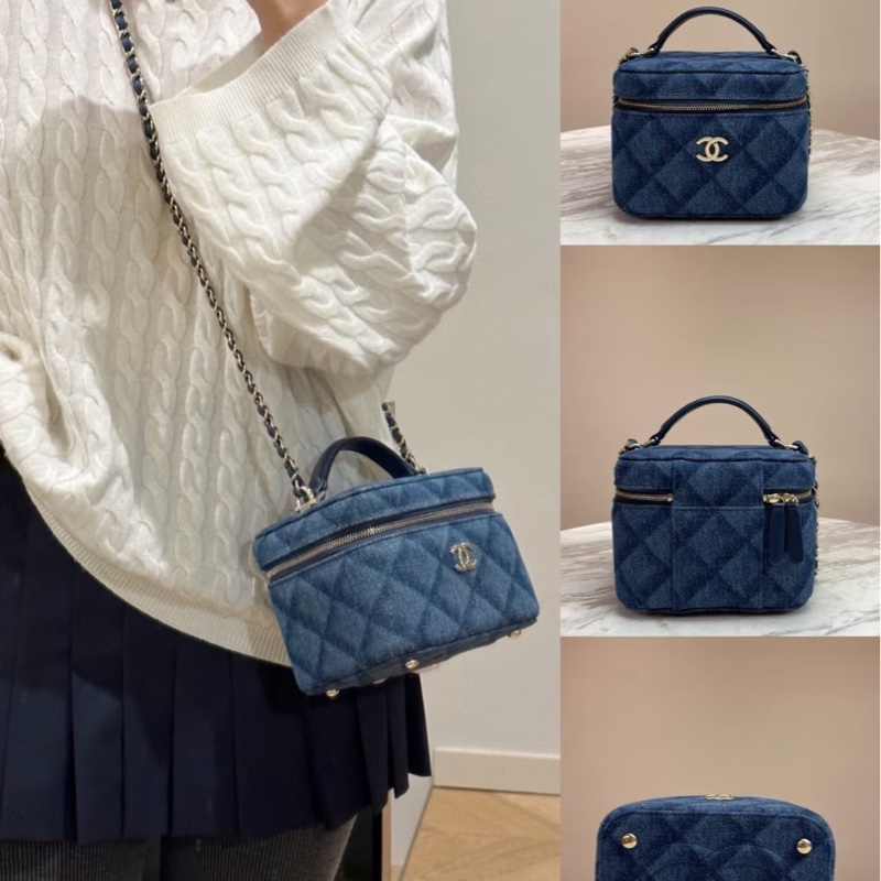 香奈兒CHANEL 22k深色丹寧牛仔手柄盒子包化妝箱-2