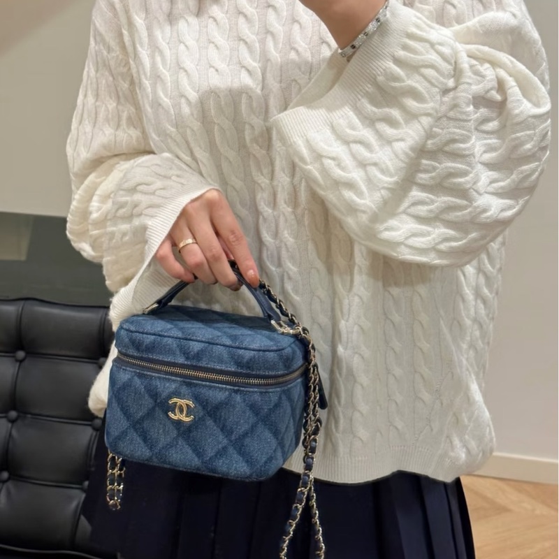 香奈兒CHANEL 22k深色丹寧牛仔手柄盒子包化妝箱-4