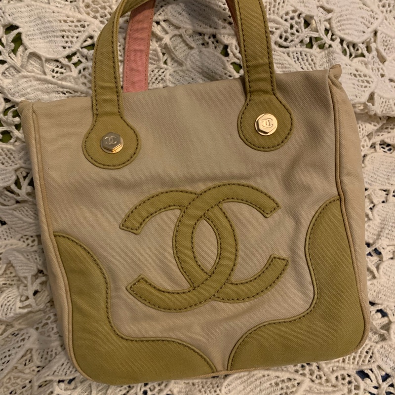Chanel 棉花糖雙色CC標誌帆布手提包 托特包l vintage bag-0