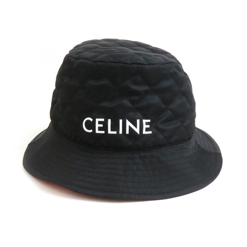 #全新閒置 CELINE 菱格絎逢尼龍漁夫帽(黑色L) 黑/橘-0