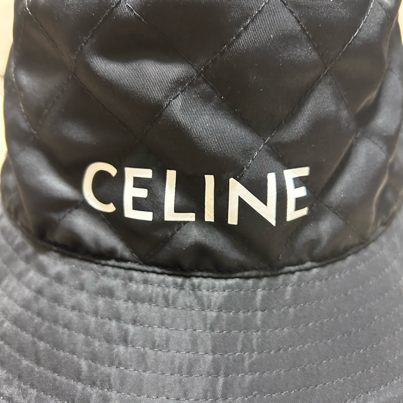#全新閒置 CELINE 菱格絎逢尼龍漁夫帽(黑色L) 黑/橘-3