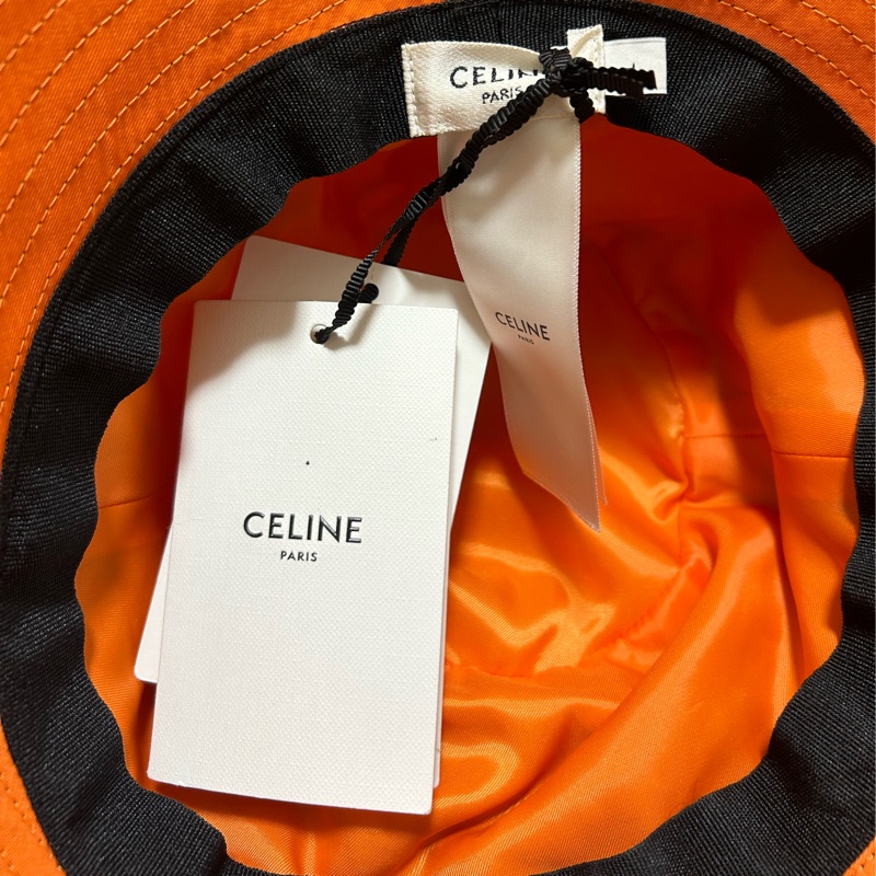#全新閒置 CELINE 菱格絎逢尼龍漁夫帽(黑色L) 黑/橘-6