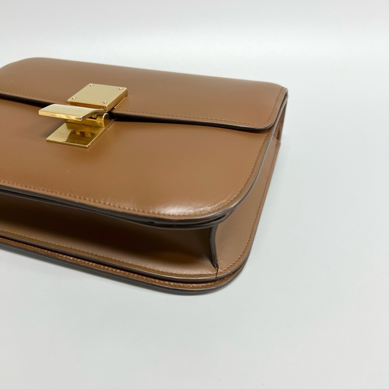 97新 Celine/賽琳 焦糖色光面牛皮box 中號單肩斜挎包 尺寸：24*18*7cm 包身護-3