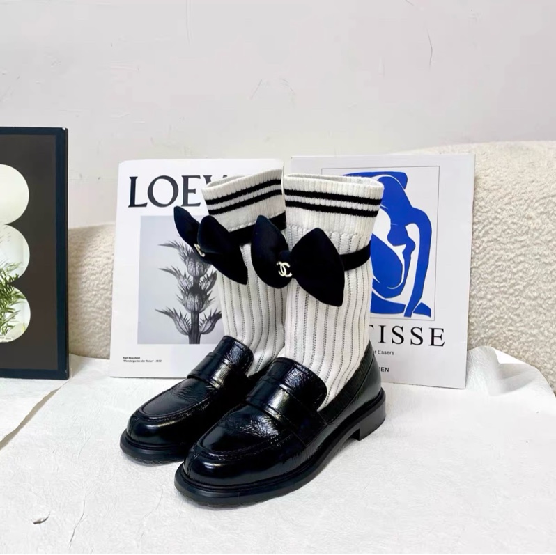 Chanel/香奈兒 黑色蝴蝶結連襪樂福鞋jennie同款 36碼-7