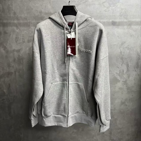 未使用過【gucci】 24最新款灰色純色字母刺繡連帽拉鍊寬松長袖衛衣 Size:M