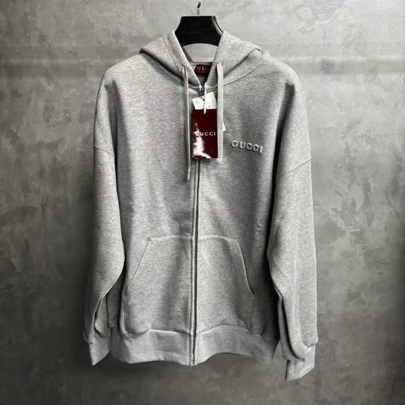 未使用過【gucci】 24最新款灰色純色字母刺繡連帽拉鍊寬松長袖衛衣 Size:M-0